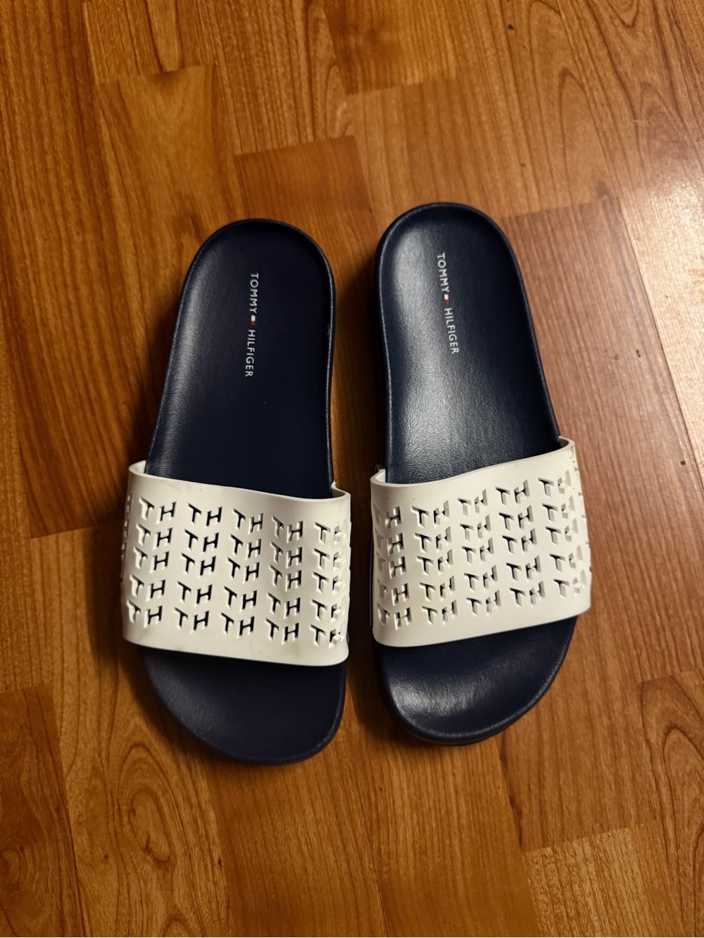 Tommy Hilfiger Navy Footbed White Perforated Logo Slide Sandals